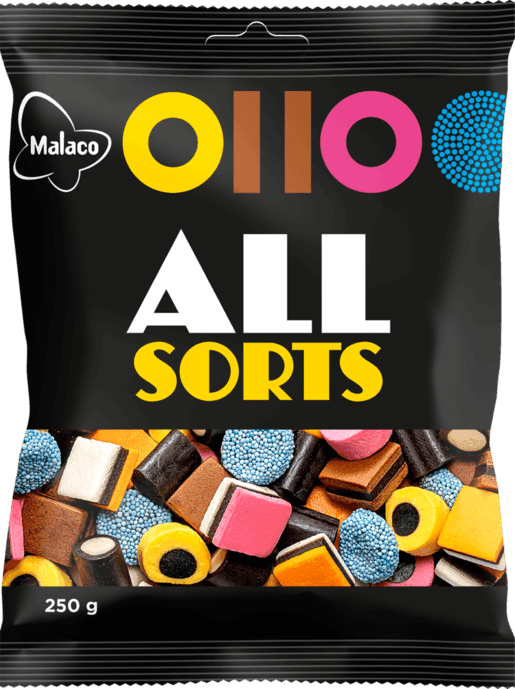 Malaco AllSorts Original Liquorice 250g 8.8oz Pack - Soposopo